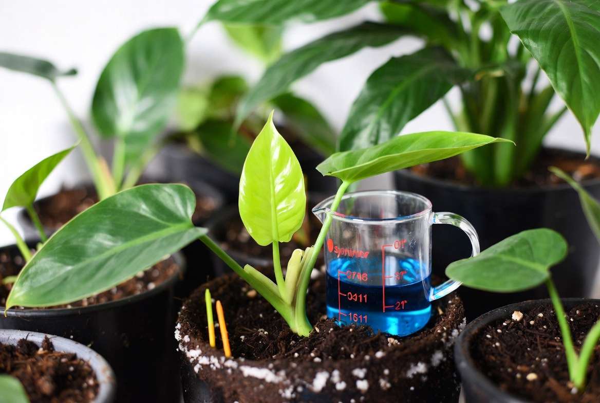 Houseplants receiving synthetic fertilizer with liquid feed and visible salt buildup risk