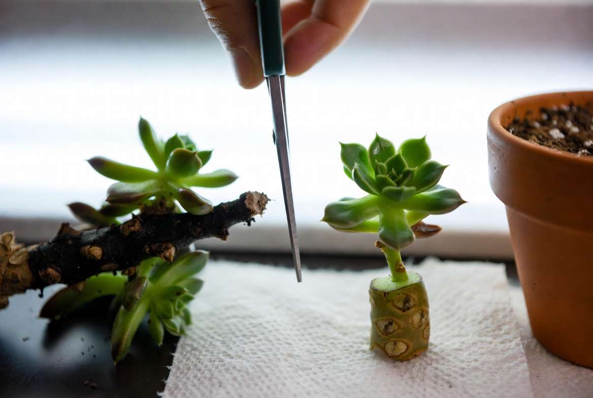 Beheading a rotting succulent as part of overwatering rescue process