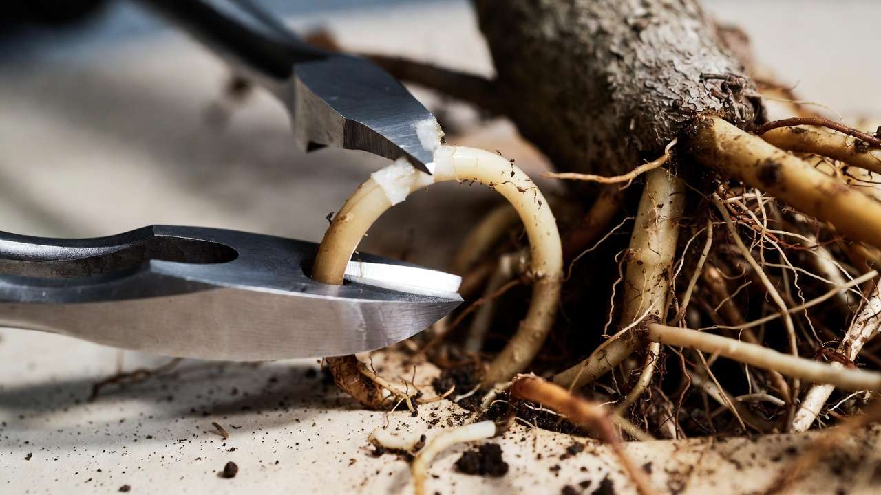 Concave cutters trimming circling roots during bonsai root pruning for better health