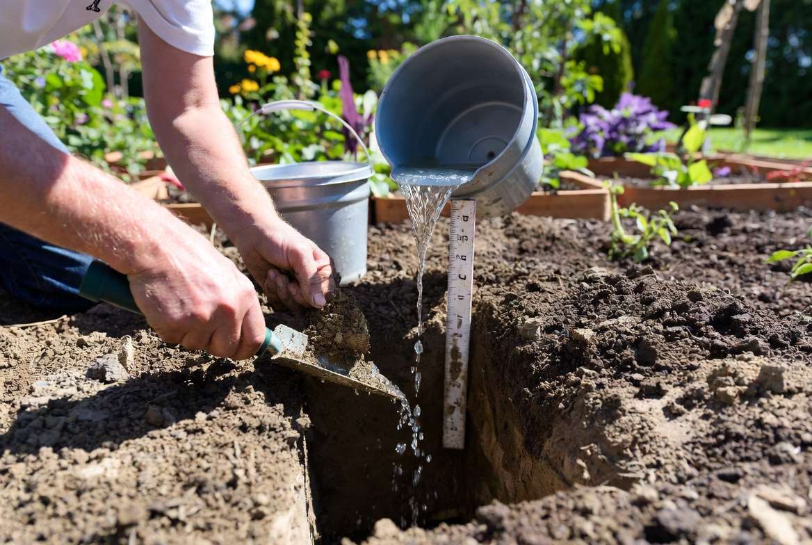 Percolation test for soil drainage: digging hole and measuring how fast water drains in garden soil