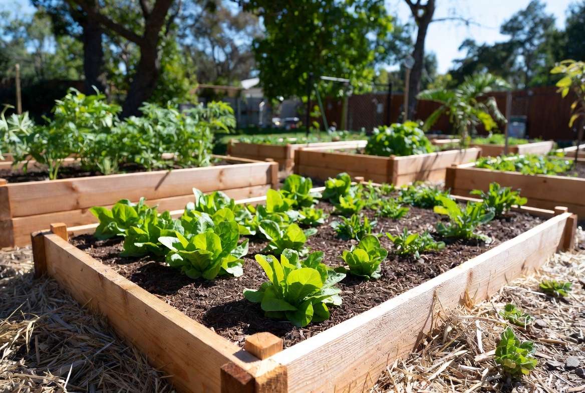 Raised garden beds with compost improving drainage and supporting healthy plant growth