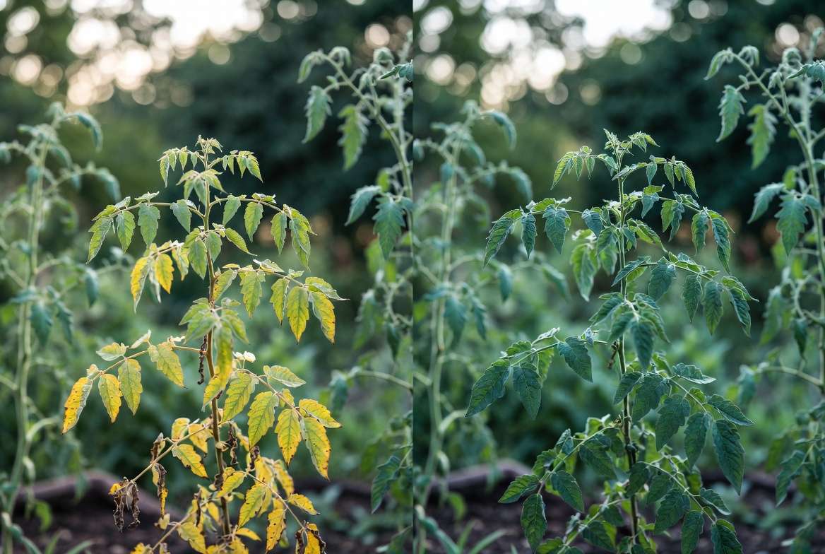 Before and after showing rapid correction of yellow chlorotic leaves using foliar feeding
