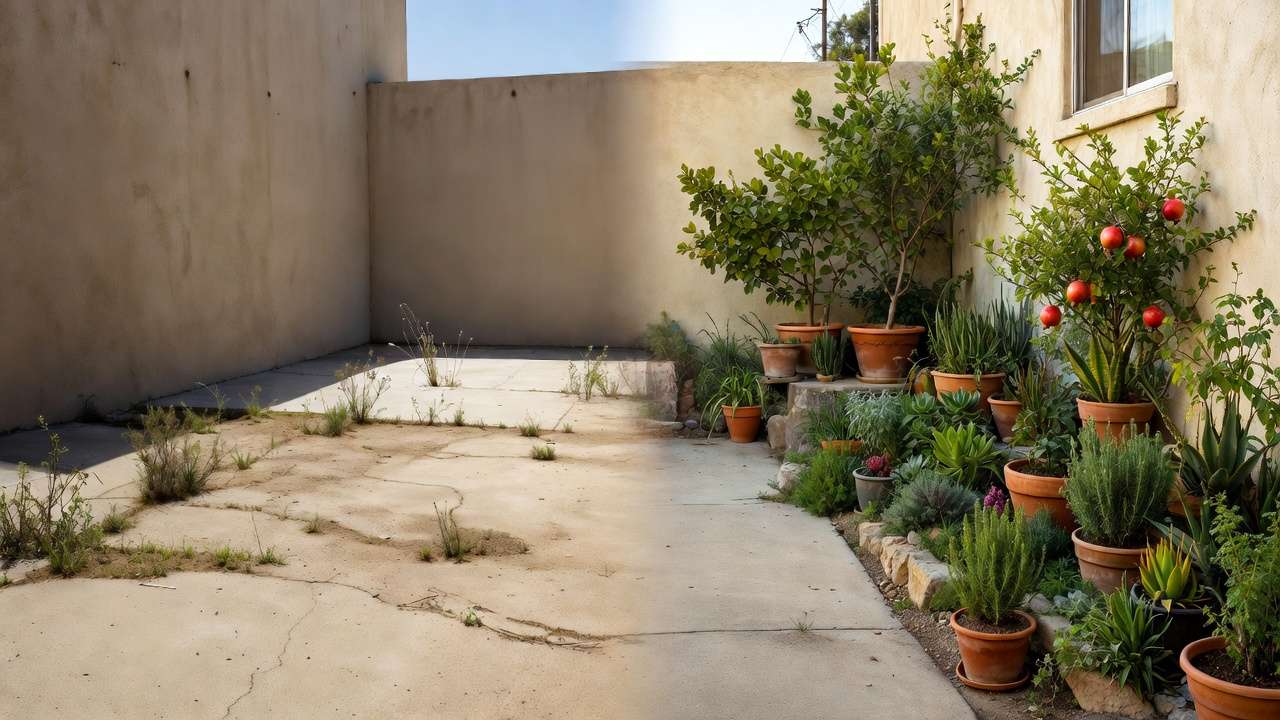 Real-life transformation: hot barren side yard turned into thriving microclimate garden with figs and herbs