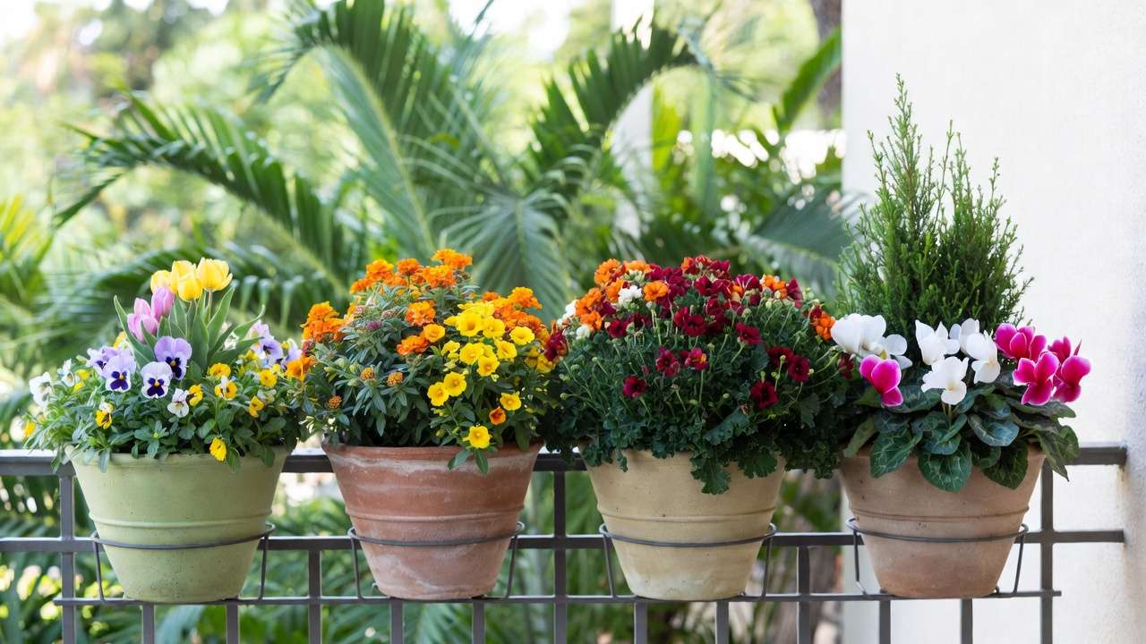 Four seasonal container garden recipes showing spring, summer, autumn, and winter plant combinations