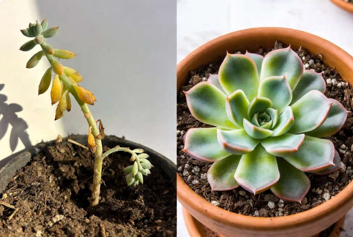Before and after rescue of a dying succulent - successful revival transformation