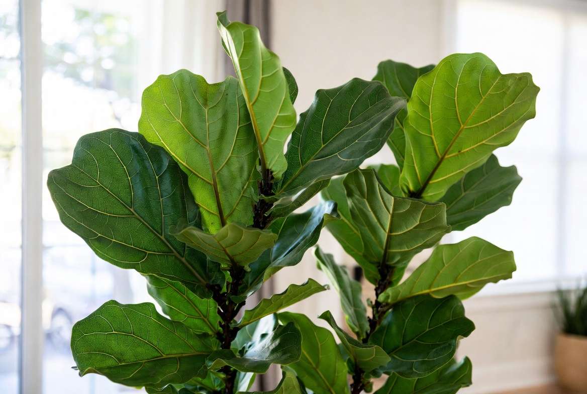 Healthy thriving Fiddle Leaf Fig after successful revival with lush glossy green foliage