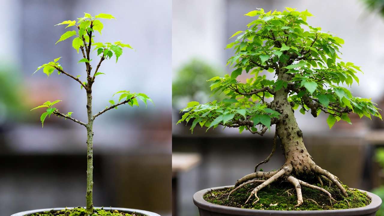Before and after comparison of bonsai trunk thickening progress using advanced training techniques