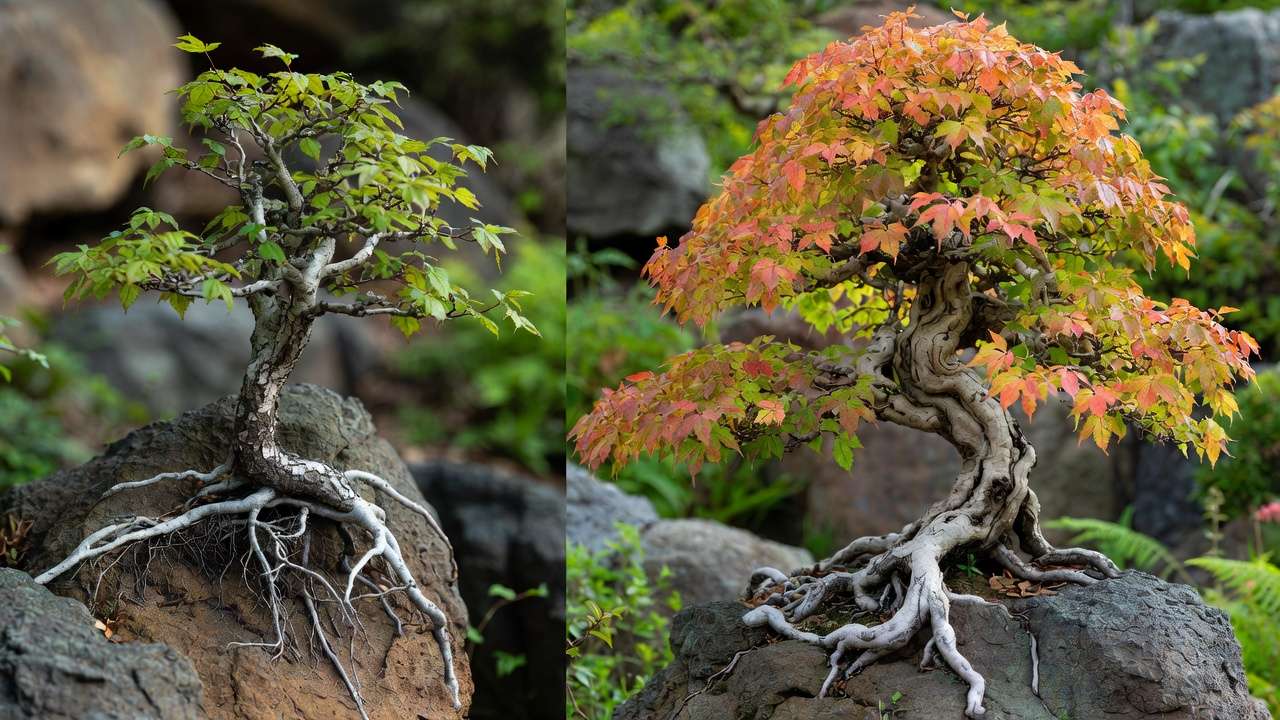 Before and after progression of a Trident maple root-over-rock bonsai showing improved root nebari and refined canopy