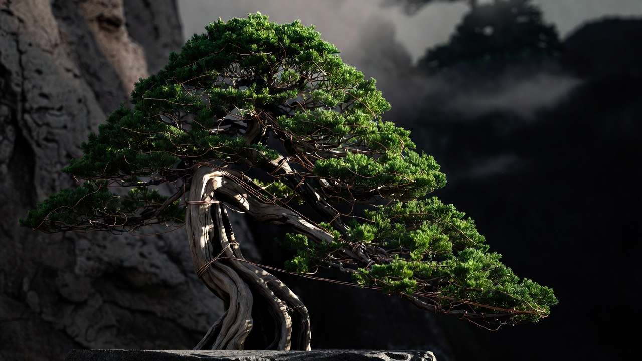 Stunning cascade bonsai juniper with perfectly set branches using copper wire