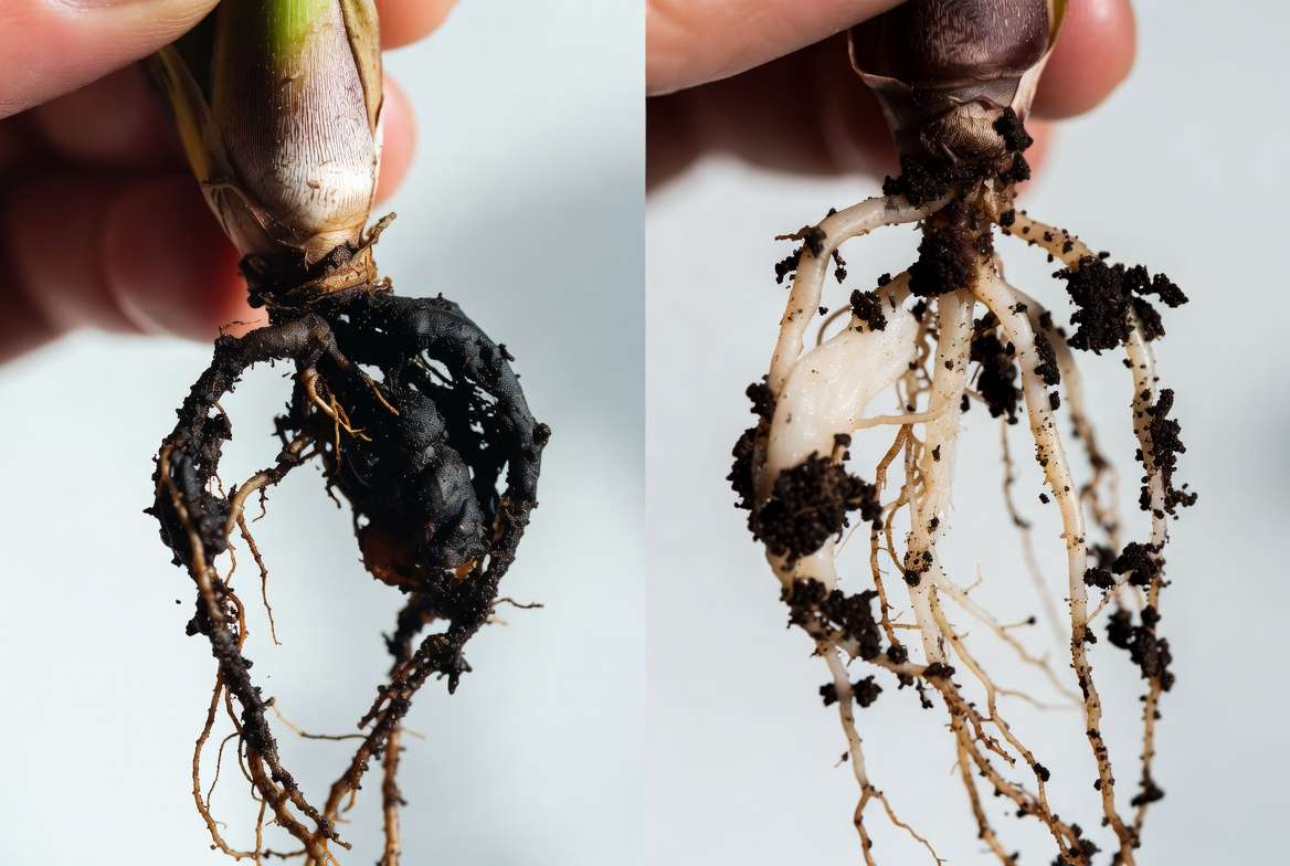 Healthy white roots versus rotted black roots comparison showing effects of poor drainage