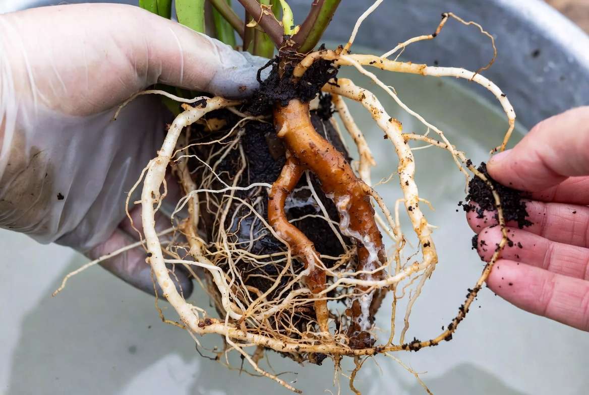 Inspecting and washing roots during soil replacement for severely infested plants to remove pests and damaged roots