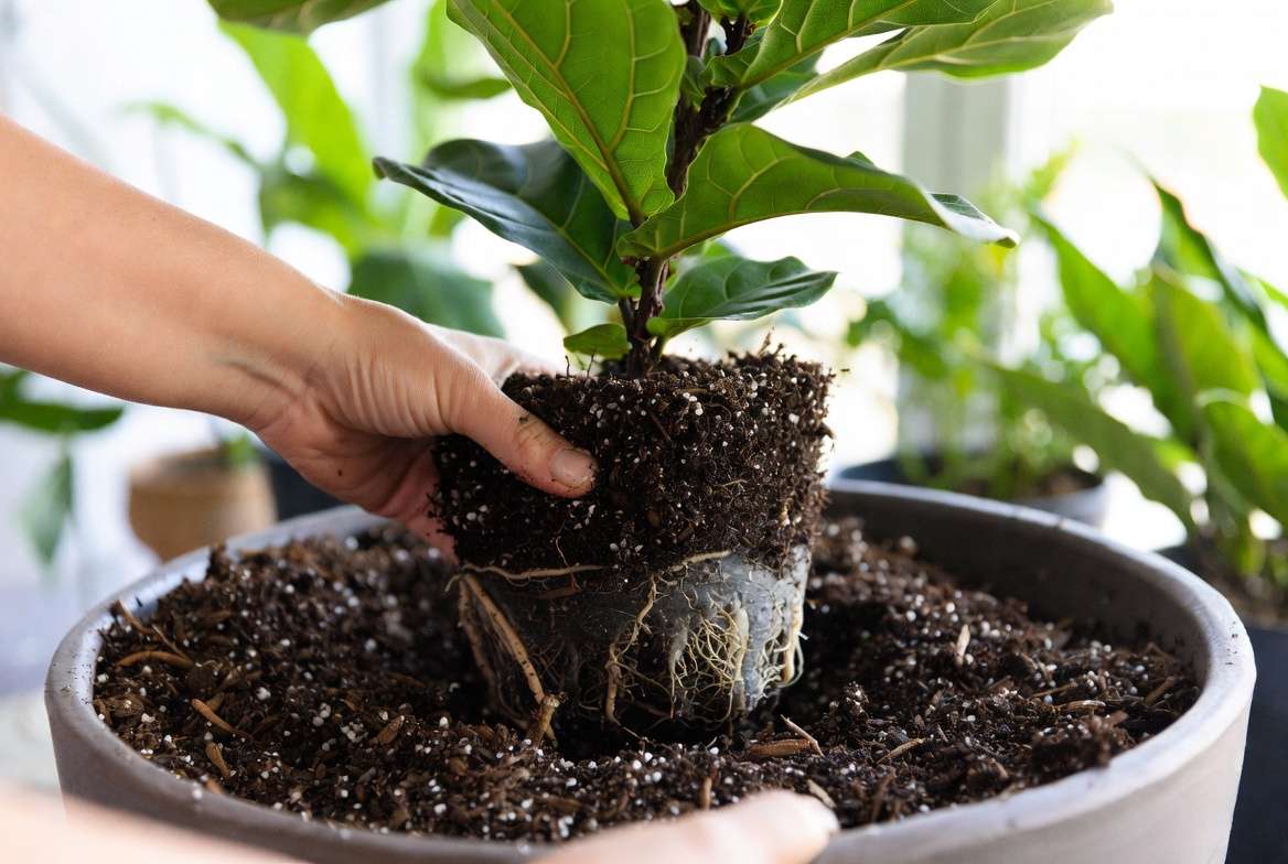 Repotting a Fiddle Leaf Fig with fresh well-draining soil mix to treat root issues and revive the plant