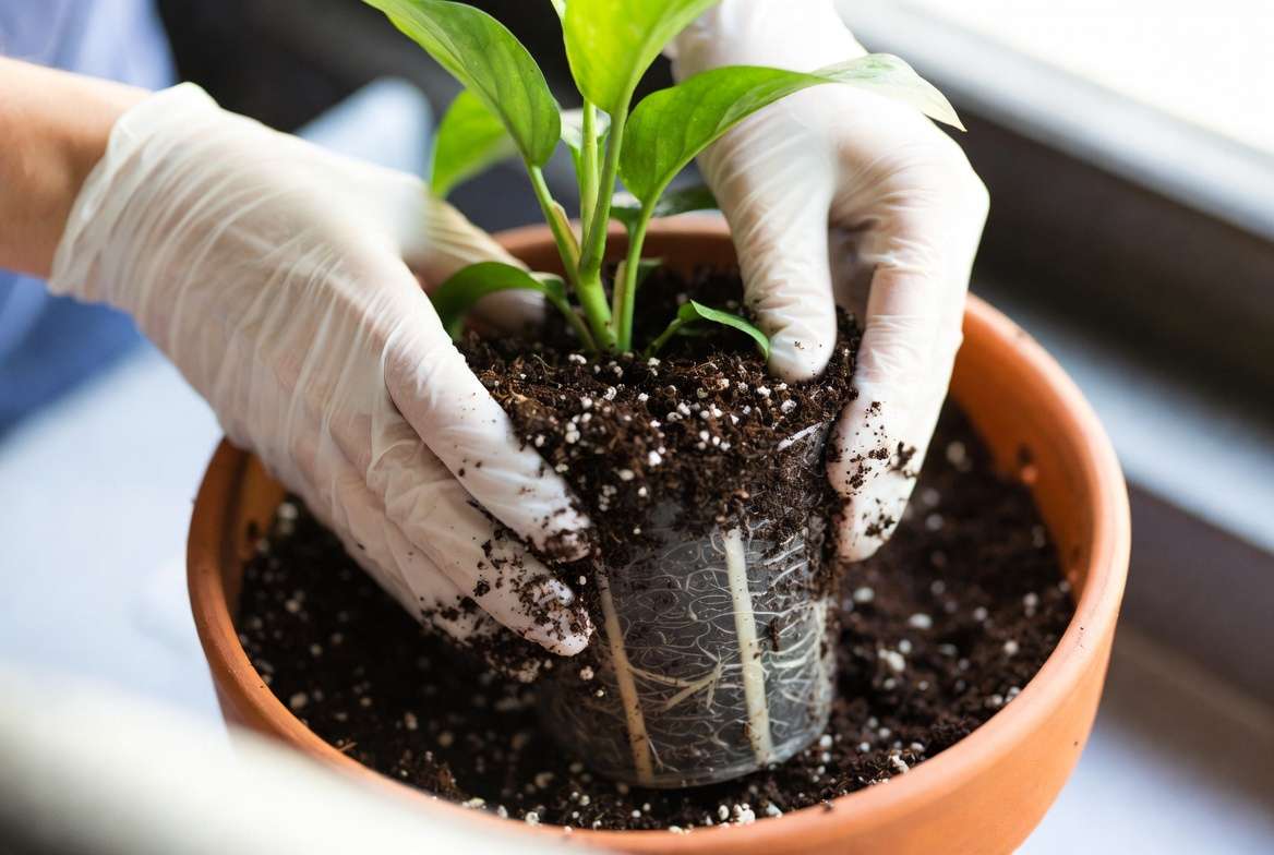 Step-by-step repotting with fresh soil during soil replacement for severely infested plants