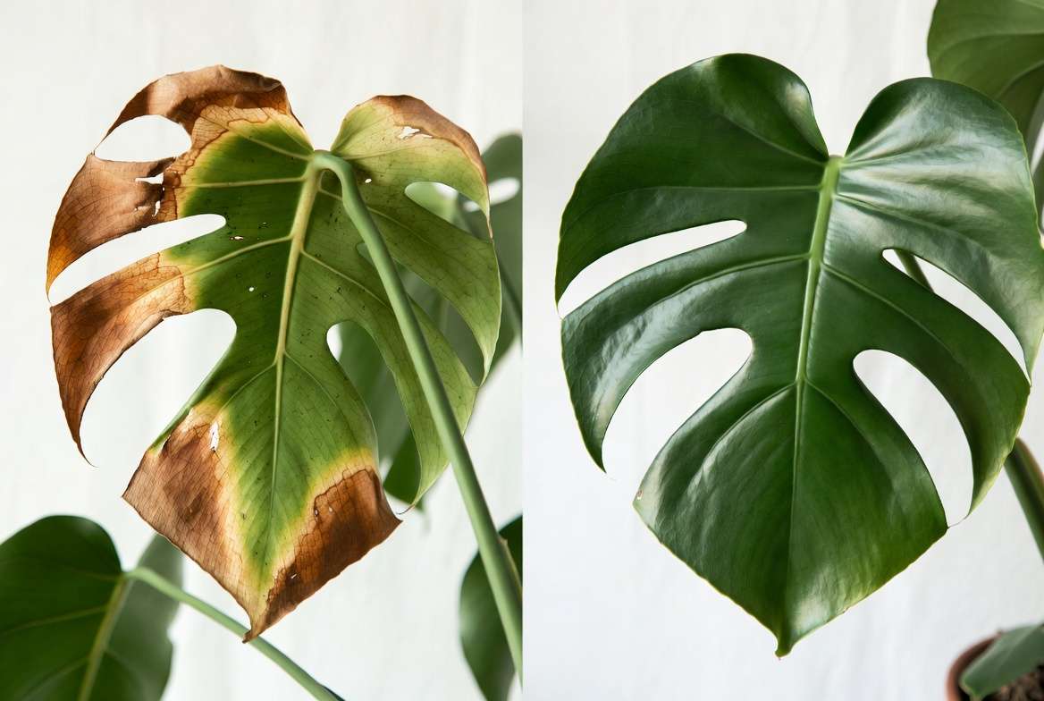 Gradual light reintroduction for healing plants prevents leaf scorch and sunburn damage shown in before and after comparison