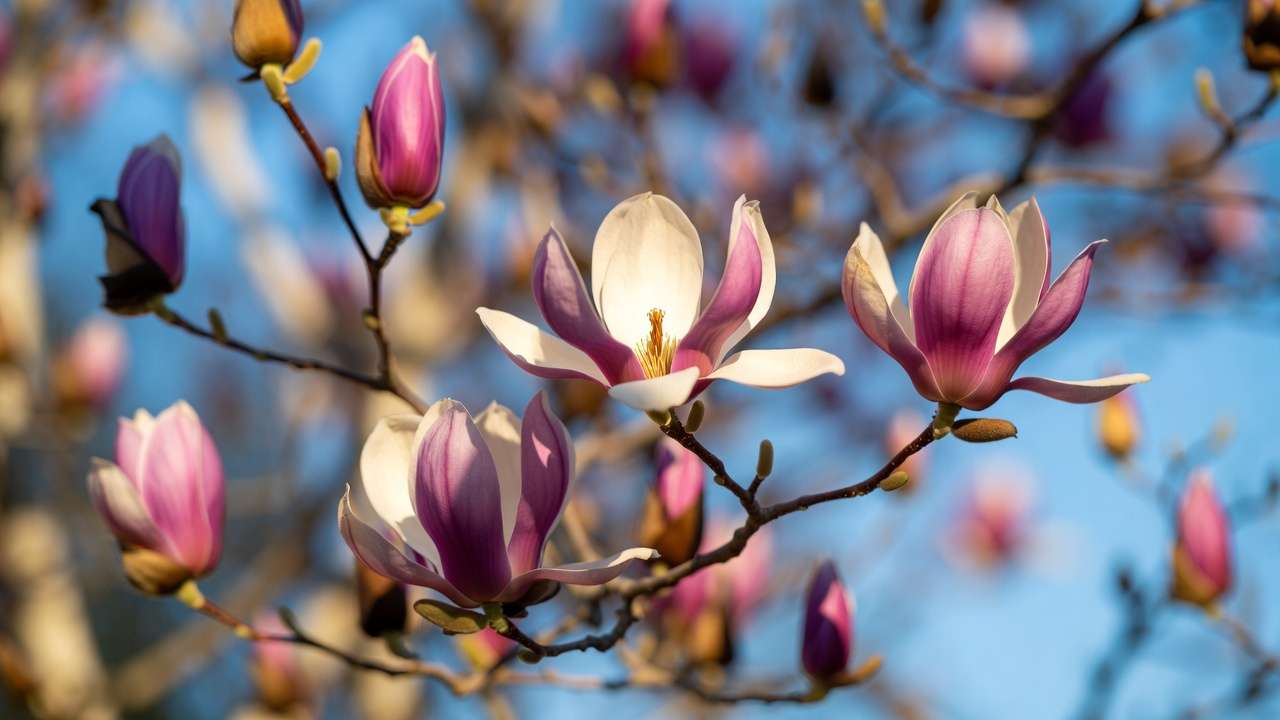 aucer magnolia in full pink-purple bloom with large cup-shaped flowers in spring