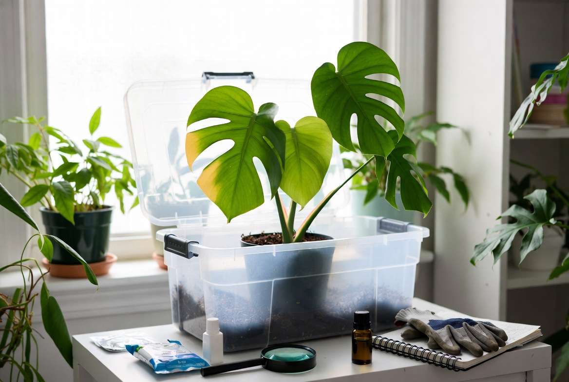 quarantine setup for sick houseplants in clear plastic bin with tools and healthy plants in background
