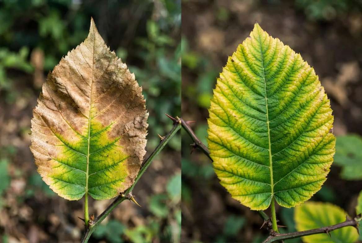 Side-by-side comparison of overfertilization fertilizer burn vs nutrient deficiency symptoms on plant leaves