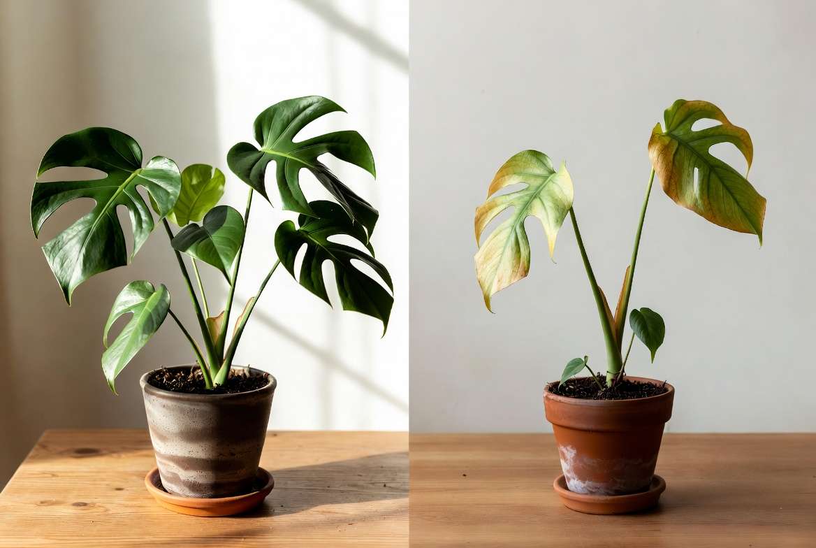Healthy green houseplant versus pale yellowing leaves showing signs of needing fertilizer