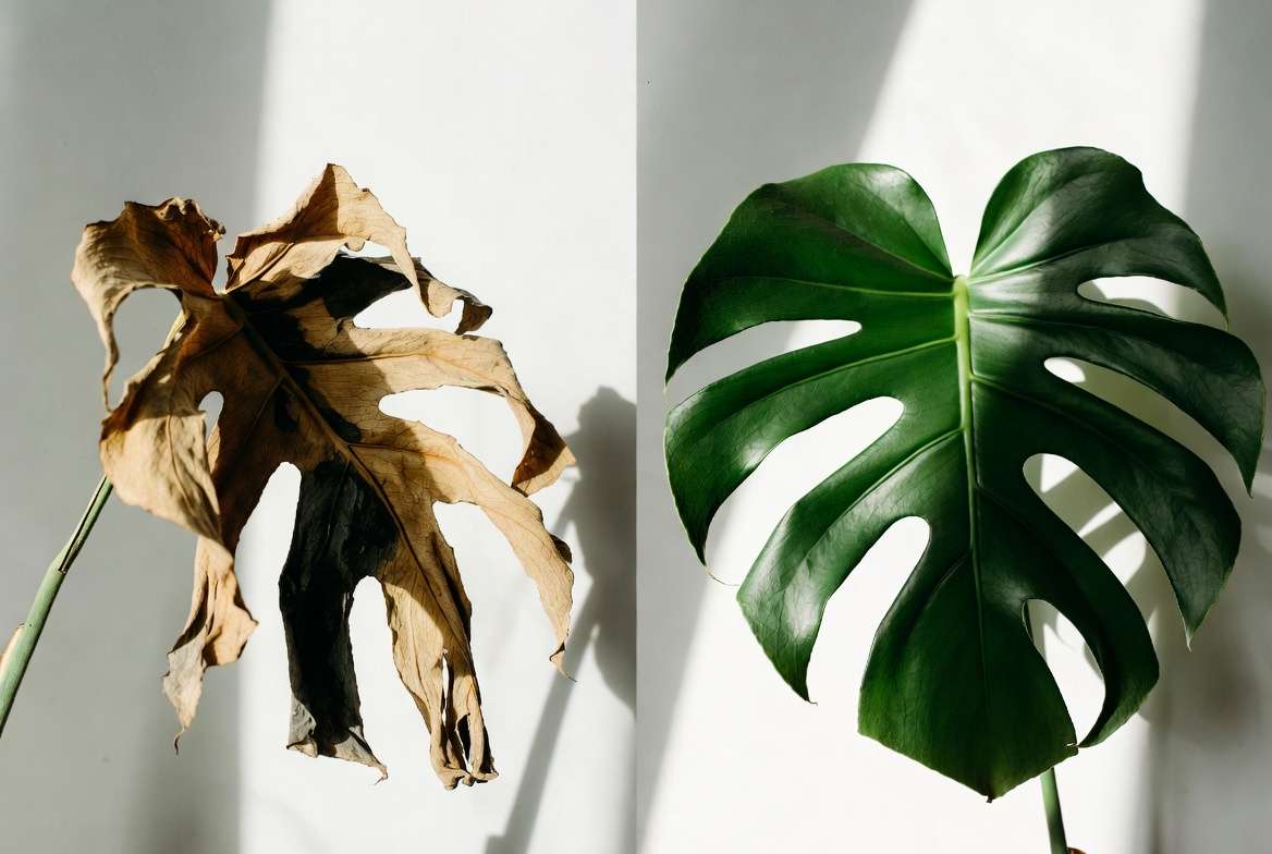 Signs of severe plant dehydration on monstera leaves vs healthy leaves comparison