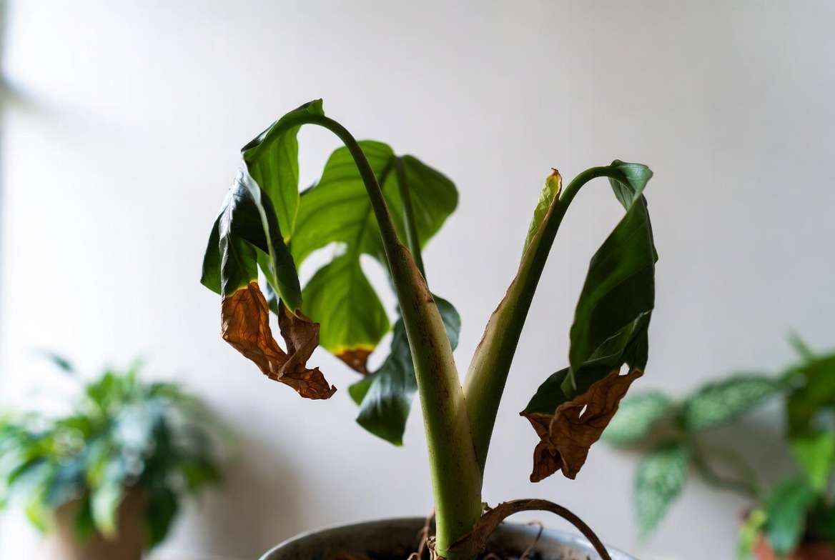 Stressed wilting houseplant showing brown crispy leaf tips and drooping leaves due to low humidity
