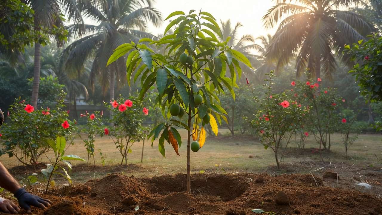 Young mango tree planting in late autumn dry season garden in Bangladesh subtropical climate