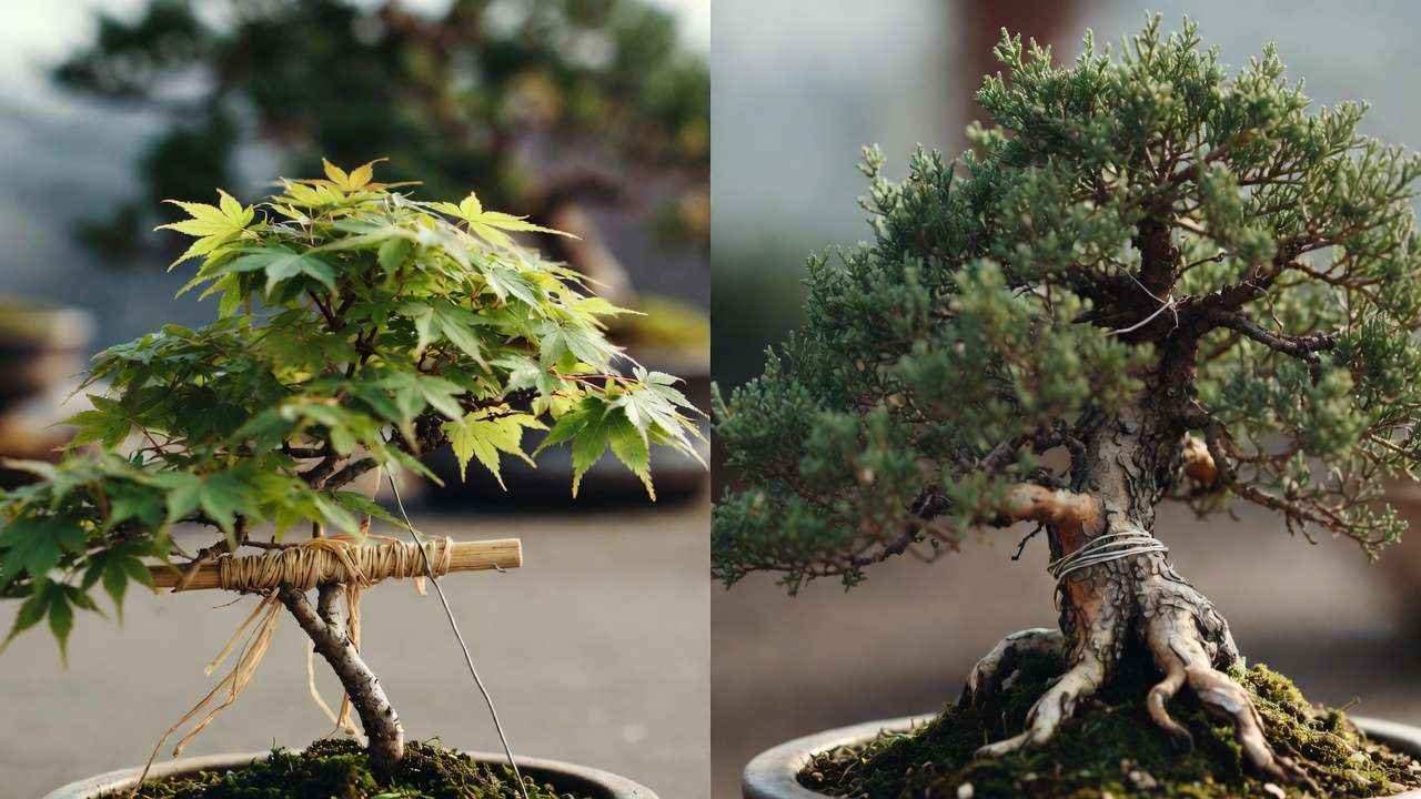 Comparison of scar-prevention techniques: raffia and guy wires on thin-bark Japanese maple vs. forgiving rough bark on juniper
