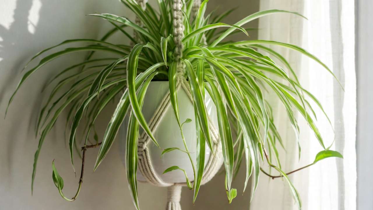 Variegated spider plant with pups – air-purifying and pet-safe houseplant alternative.