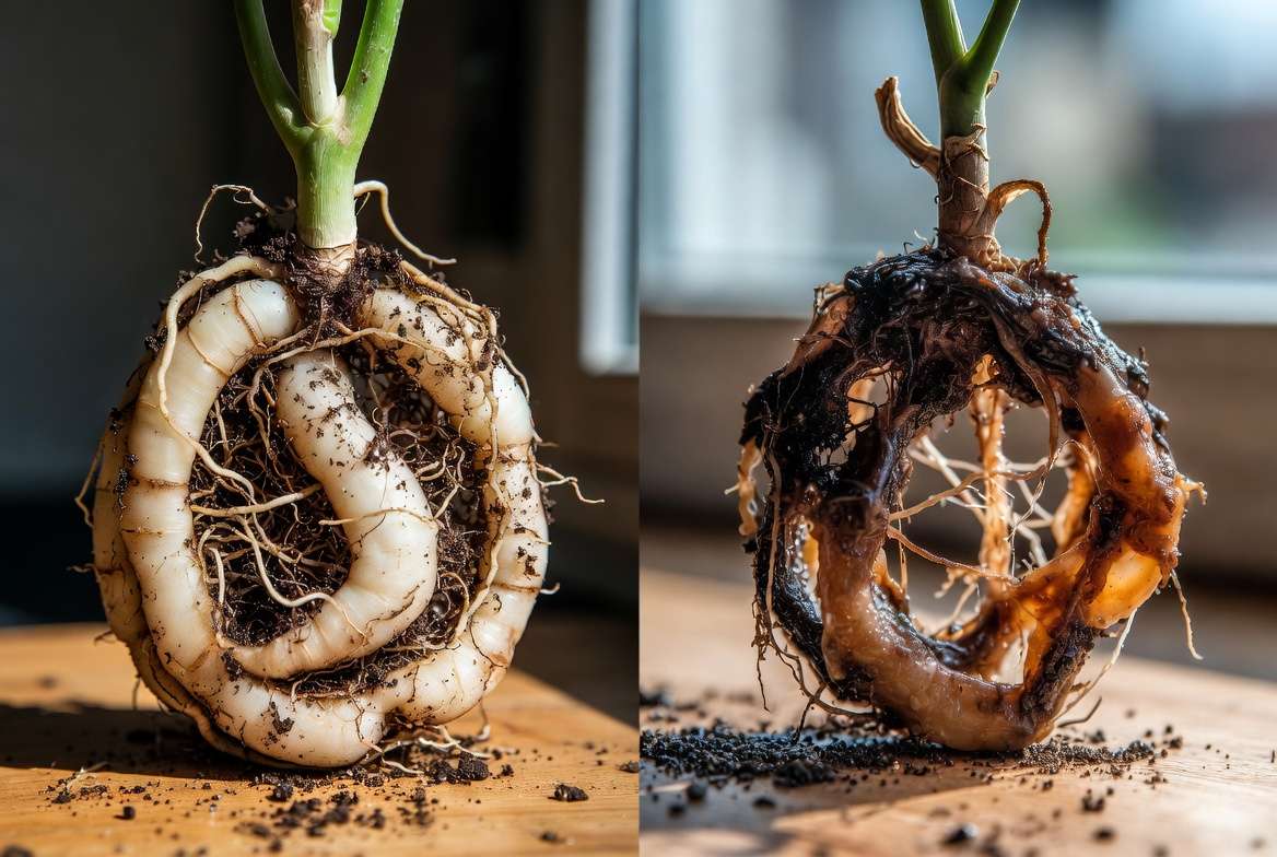 Healthy vs damaged plant roots comparison showing firm white roots versus mushy black rotten roots for root pruning guide