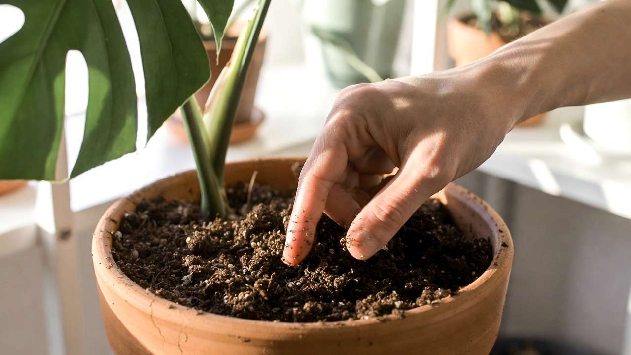 finger soil moisture test for diagnosing houseplant leaf drop causes