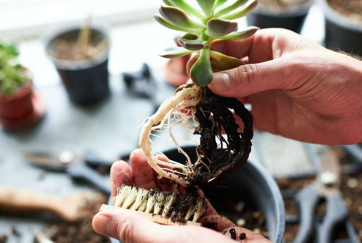 Inspecting succulent roots for rot during diagnosis - healthy white roots vs black rotten roots