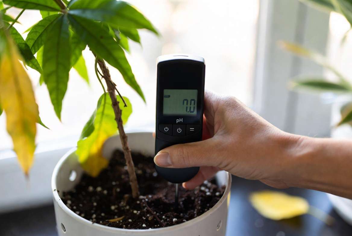 Using soil pH and moisture meter to diagnose nutrient imbalance in houseplant
