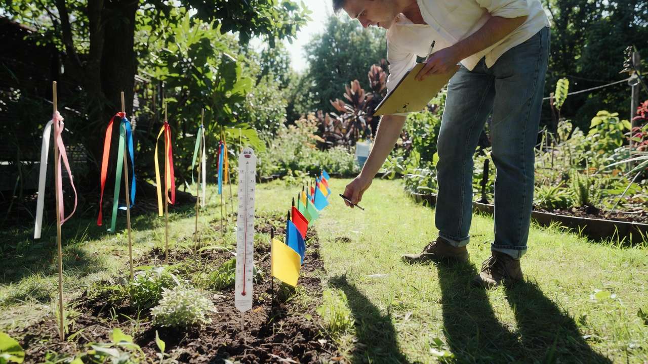 Gardener mapping home microclimates with flags, thermometer, and wind ribbons in a lush yard