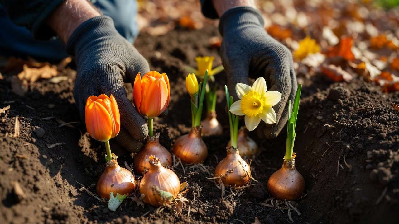 Hands planting tulip and daffodil bulbs in fall soil following proper November planting depth