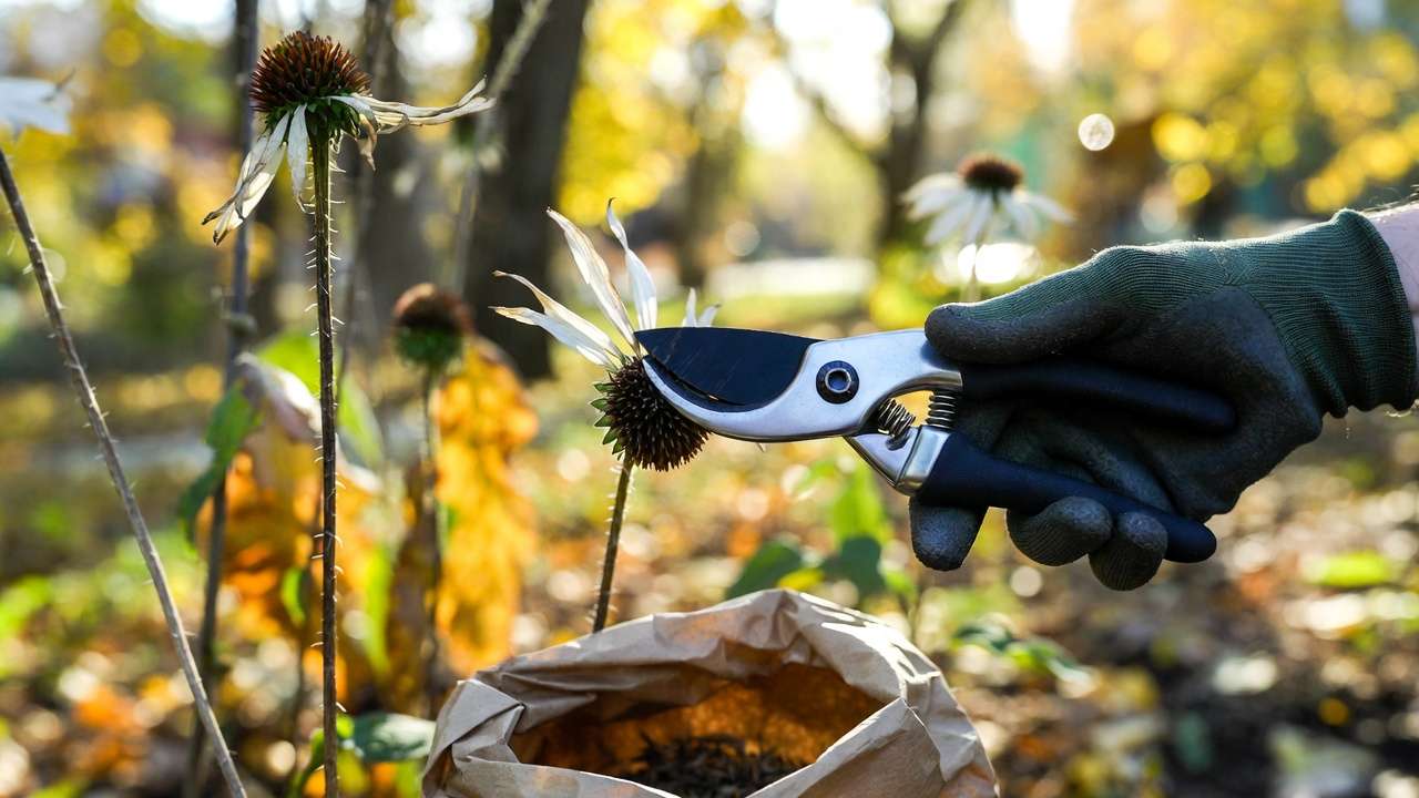 Gardener harvesting dry coneflower seed head in autumn garden with pruners and paper bag