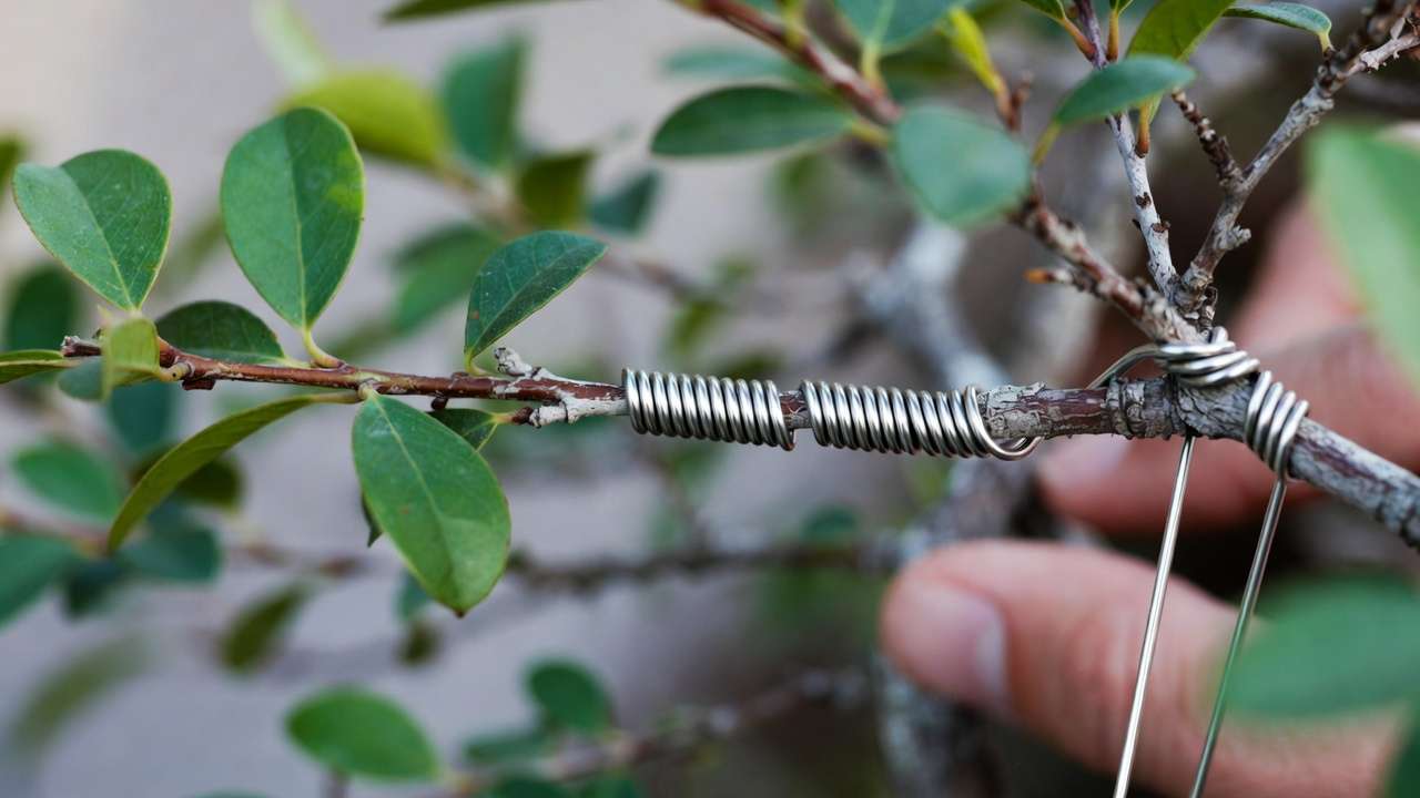 Properly applied 45-degree bonsai wiring technique on a branch showing even coils and correct spacing to prevent scars