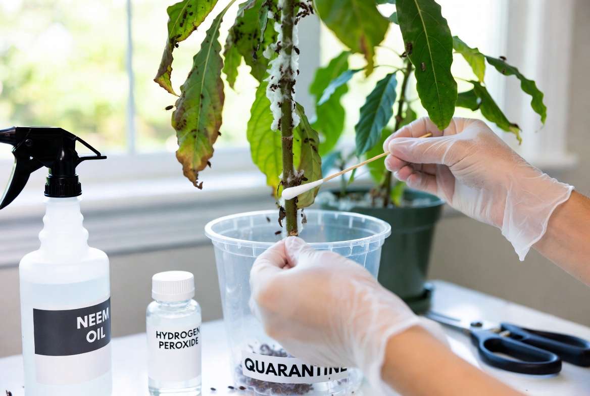 treating mealybugs on sick houseplant with alcohol swab during quarantine