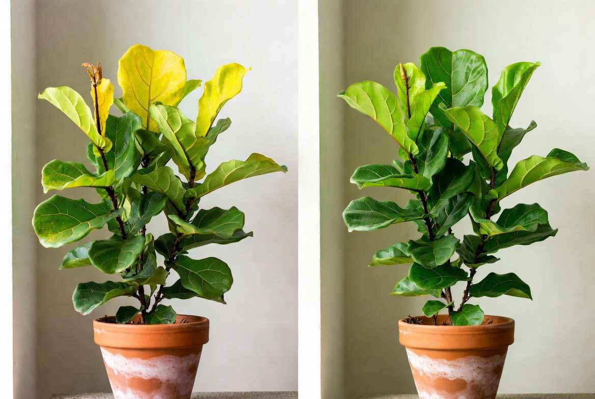 Before and after recovery of houseplant from iron deficiency showing yellow leaves turning healthy green