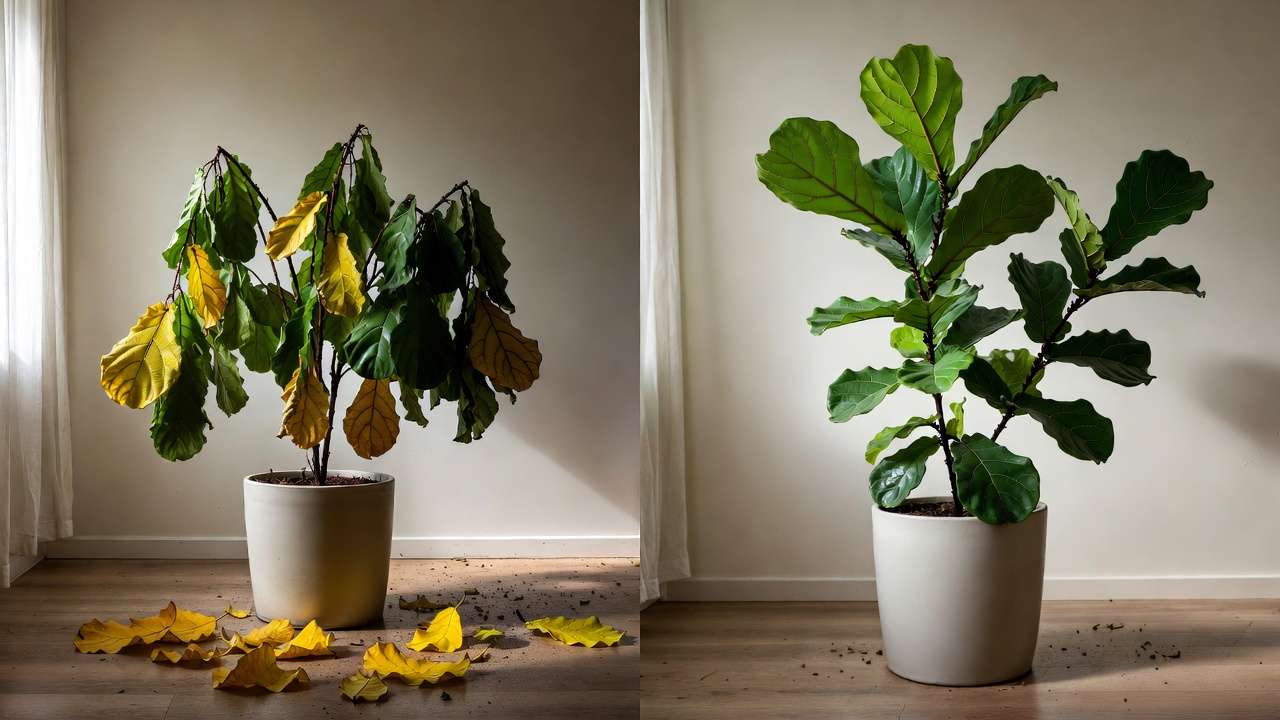 before and after revival of fiddle leaf fig plant after leaf drop treatment