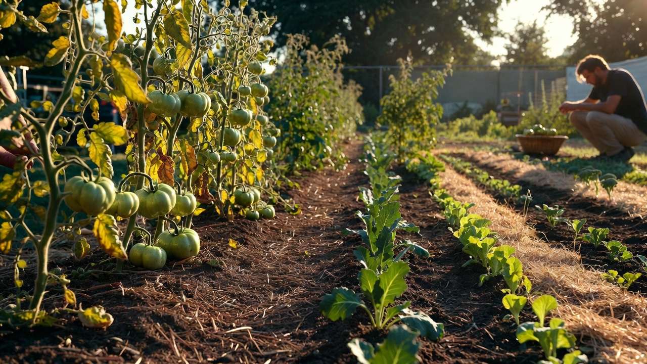 Transitioning garden bed: harvesting summer crops while planting fall vegetables like kale, lettuce, and broccoli