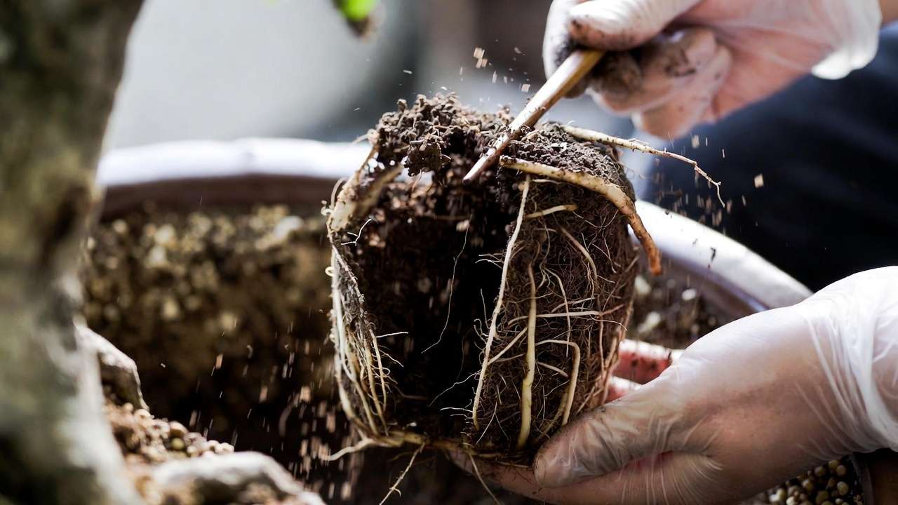 Using chopstick to tease old soil from root-bound bonsai during root pruning process
