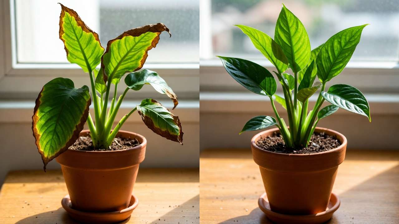 Common causes of brown tips on houseplant leaves explained – side-by-side underwatering vs healthy plant comparison