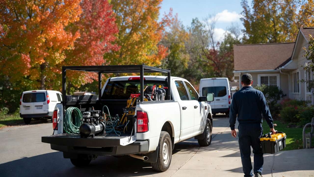Irrigation service technician arriving during busy fall blowout season with truck and equipment