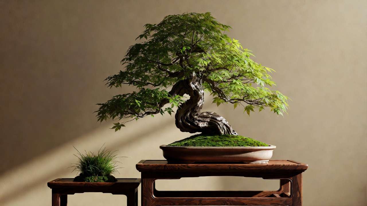 Traditional tokonoma-inspired bonsai exhibition display with main tree, stand, and accent plant in balanced composition