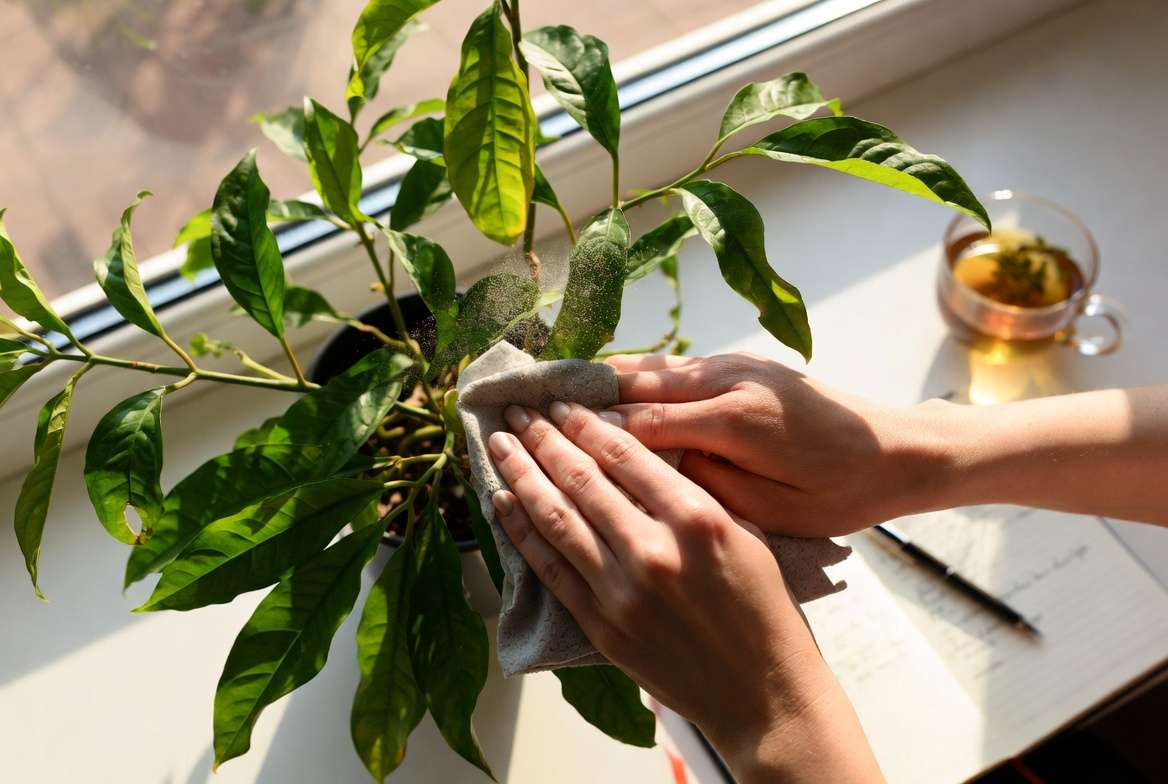 Peaceful plant care routine showing gentle hands tending to a houseplant with journal and tea, representing optimism during plant recovery