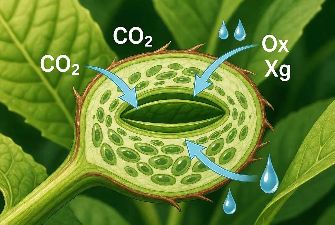 Plant leaf stomata cross-section diagram showing open pores for photosynthesis and gas exchange