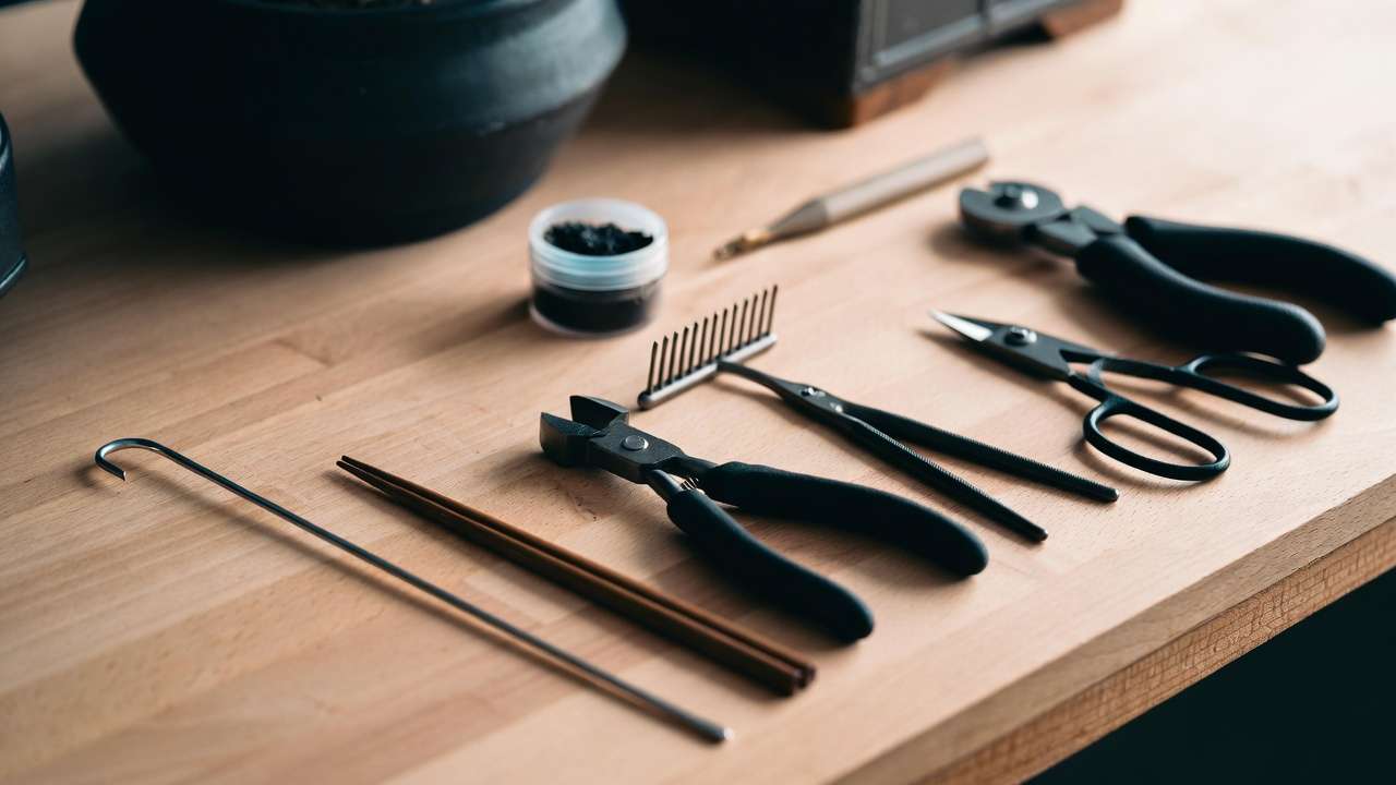 Essential bonsai root pruning tools including concave cutters, root hook, and rake arranged on workbench