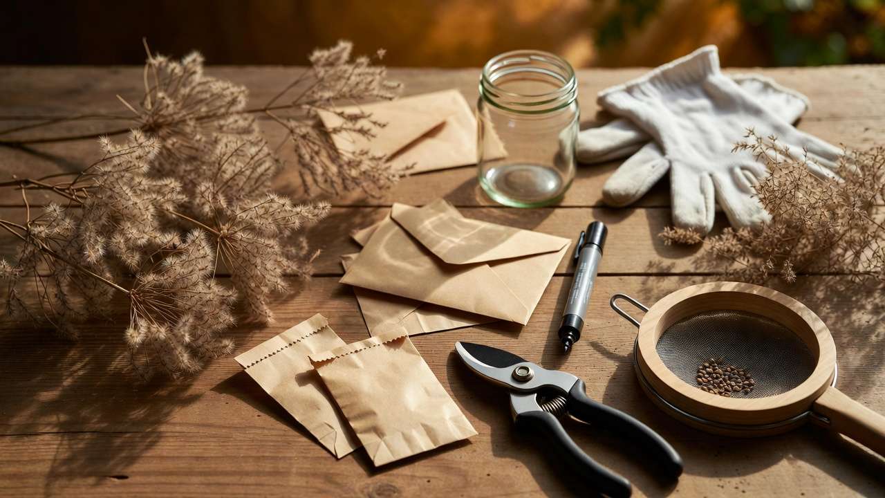 Flat lay of essential tools for collecting seeds in autumn including paper envelopes, pruners, sieve and jars