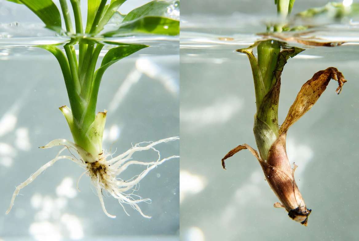 Comparison of successful healthy stem propagation versus rotting failed cutting from a dying plant