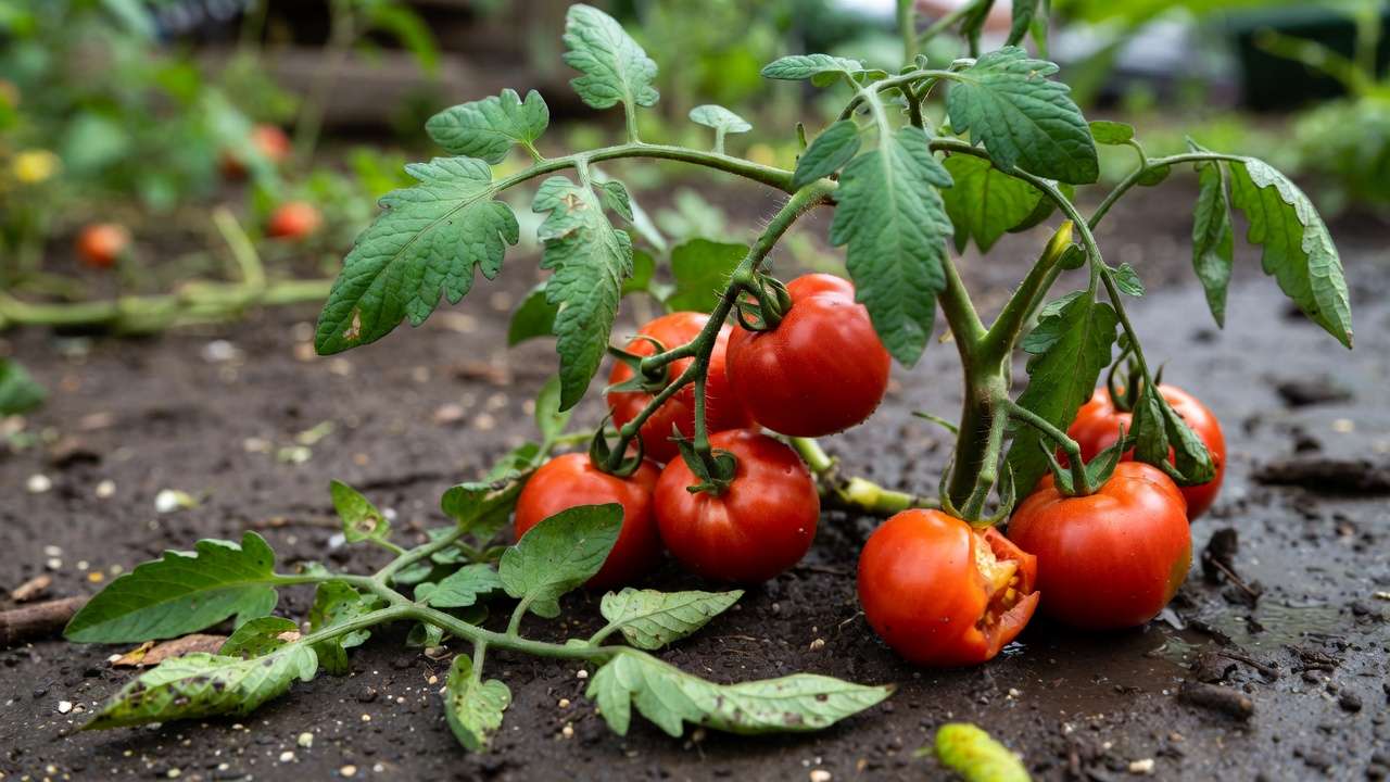 Close-up of hail damage on tomato plant with bruised fruits and shredded leaves in garden
