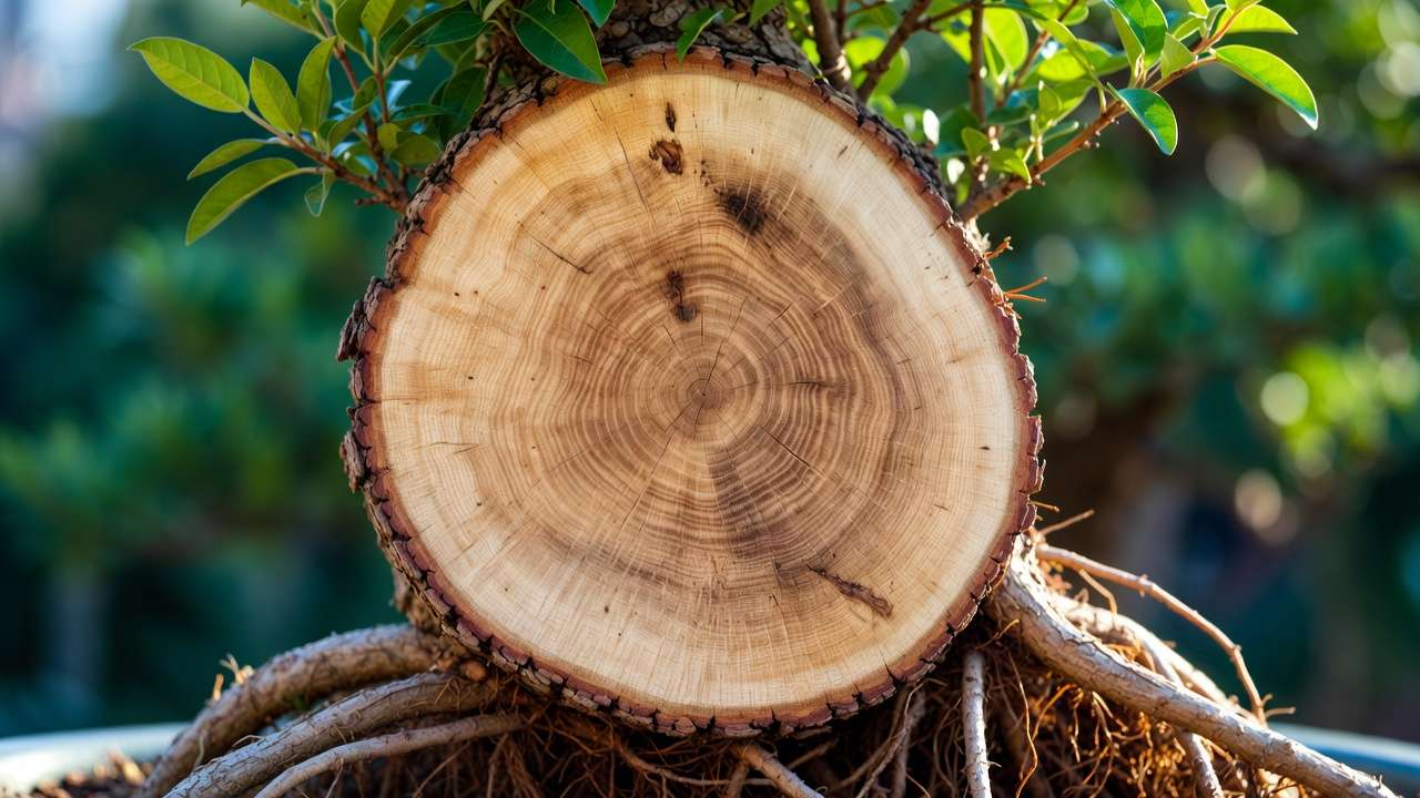 Close-up of bonsai trunk cross-section highlighting cambium layer and annual growth rings for trunk thickening